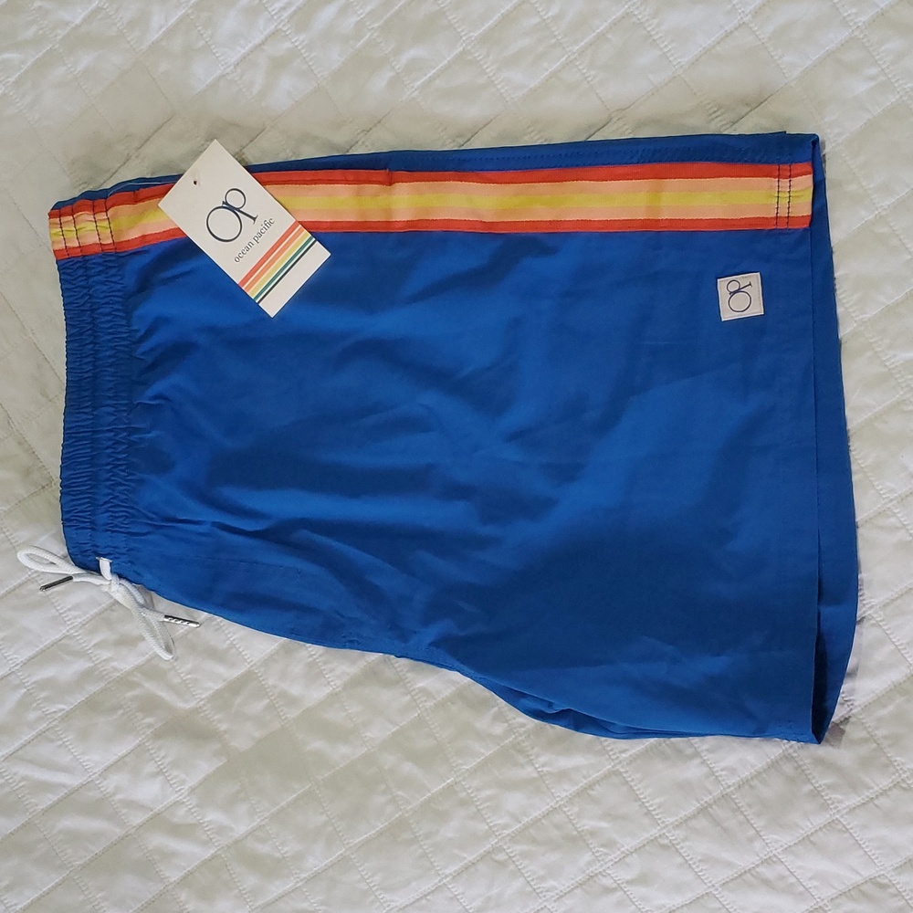 Ocean Pacific Swim Trunks Shorts 2X Beach Classic Blue OP Drawstring Pockets NWT